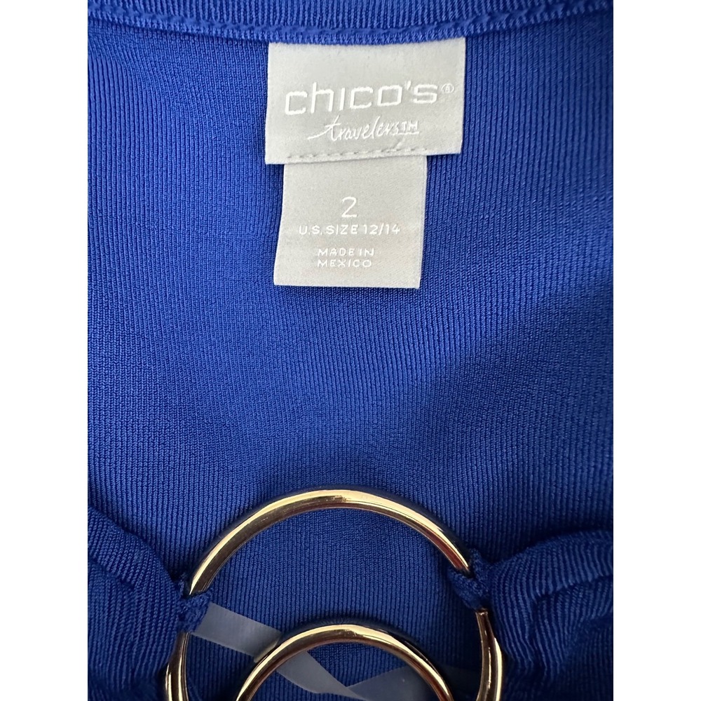 Chico's Travelers Top Pullover Size 2/L Short Sleeve 3 Gold Rings at Neckline - Picture 7 of 8